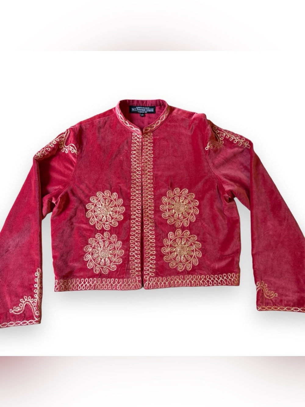 Vintage J. Peterman Red Cotton Velvet Embroidered Jacket Cropped Boho